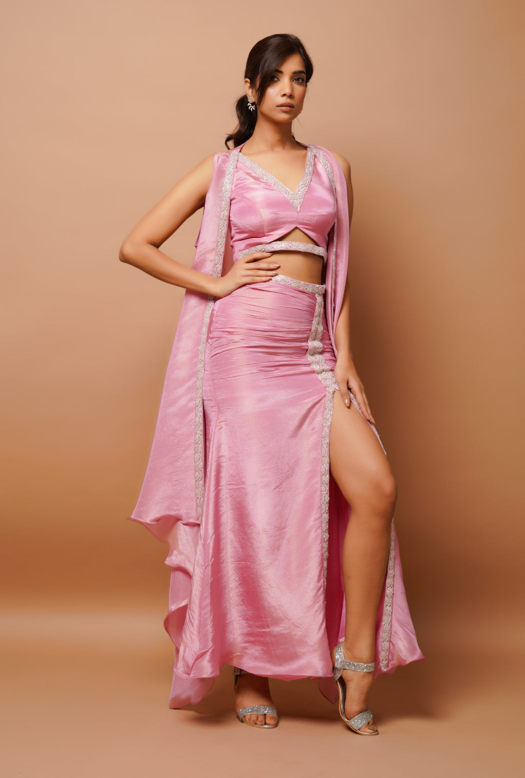 Pink Ravya Drape Skirt Set With Embellished Cape main image 0
