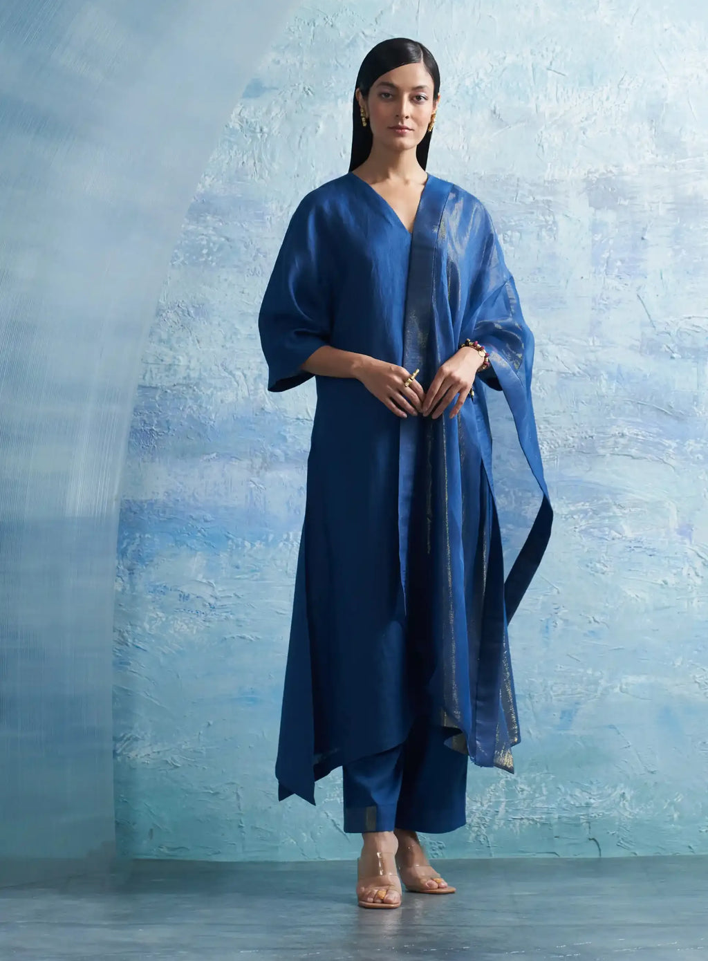 Royal Blue Printed V-Neck Cotton Kurta Set main image 1