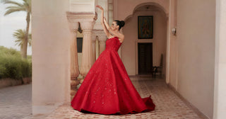 Red silk embroidered gown