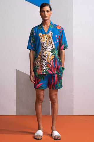 Blue feral flora-mediterranean postcard polo shirt