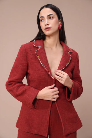 Red high waist pant and oversized blazer