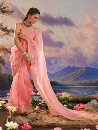 Peach organza saree with floral embroidery