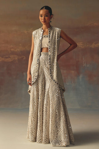 Silver noorani long jacket with bandeau and sharara