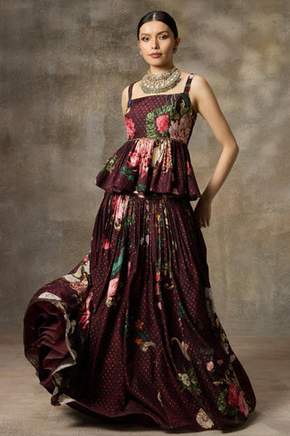 Maroon printed peplum top and skirt set
