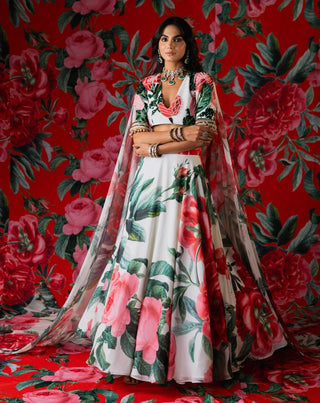 White wild florals printed lehenga set