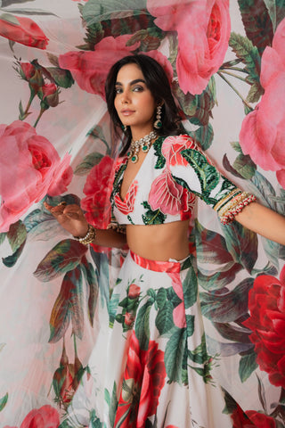 White wild florals printed lehenga set