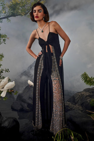 Black amour tunic with sheer panel pants