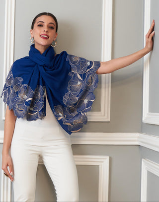 Blue poppy affair wool silk stole