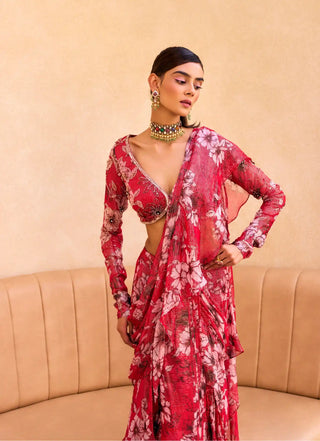Red floral print ruffle saree and blouse