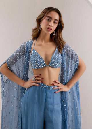  Ivelle blue bralette, cape and palazzo