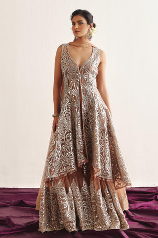 Sherwani Sharara Set for Indian Wedding – Peach Sleeveless Sherwani Ensemble by Twenty Nine