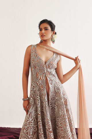 Sherwani Sharara Set for Indian Wedding – Peach Sleeveless Sherwani Ensemble by Twenty Nine