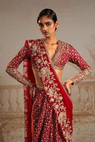 Red sagan safarnama saree skirt set