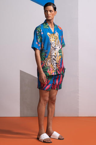 Blue feral flora-mediterranean postcard polo shirt