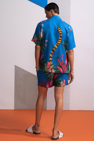 Blue feral flora-mediterranean postcard polo shirt