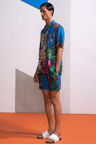 Blue feral flora-mediterranean postcard polo shirt