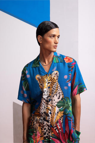 Blue feral flora-mediterranean postcard polo shirt