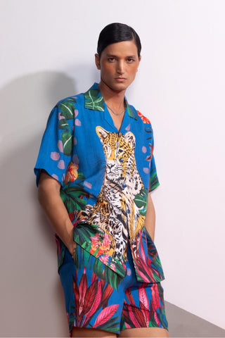 Blue feral flora-mediterranean postcard polo shirt