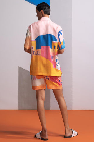 Pink cosmic city postcard polo shirt