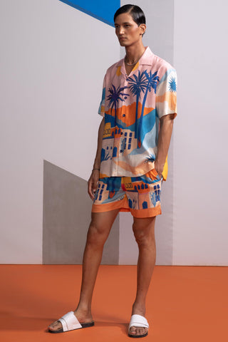 Pink cosmic city postcard polo shirt