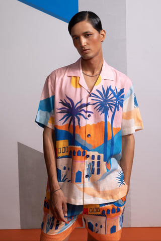 Pink cosmic city postcard polo shirt