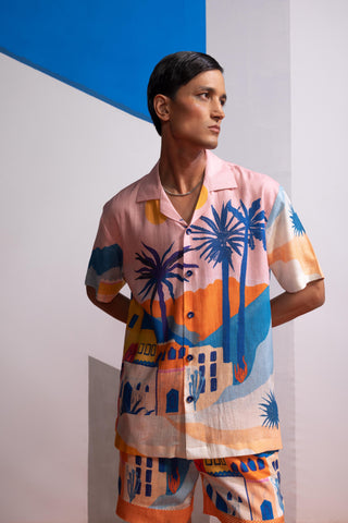 Pink cosmic city postcard polo shirt