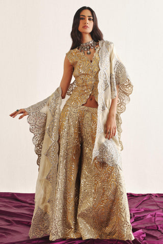 Flared Sharara Set for Indian Wedding – Golden Yellow Cape Style Outfit by Twenty Nine