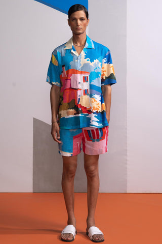 Blue beach house postcard polo co-ord set