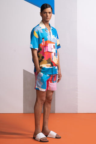 Blue beach house postcard polo shirt
