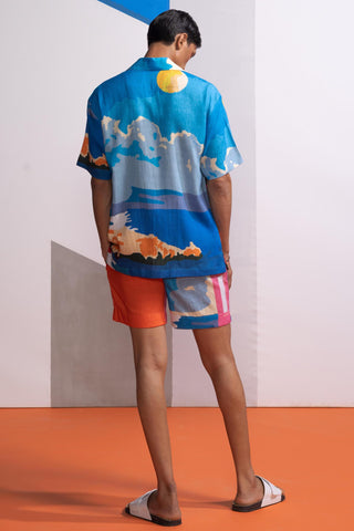 Blue beach house postcard polo shirt