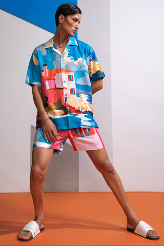 Blue beach house postcard polo co-ord set