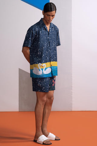 Blue night swan postcard polo shirtBlue night swan postcard polo shirt