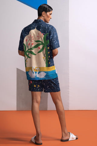 Blue night swan postcard polo shirt