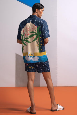 Blue night swan postcard polo co-ord set