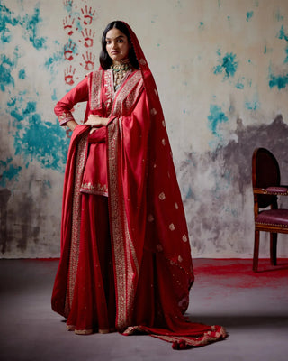 Red short kurta sharara set