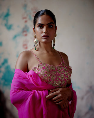 Fuchsia Pink draped saree with bralet blouse