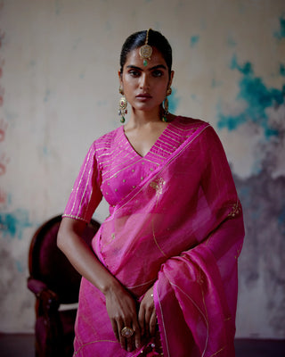 Fuchsia pink zari organza saree with blouse