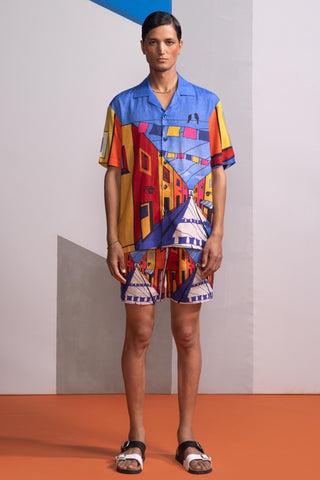 Blue china town postcard polo shirt