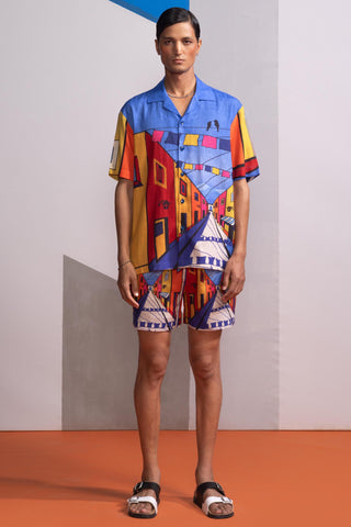 Blue china town postcard polo co-ord set