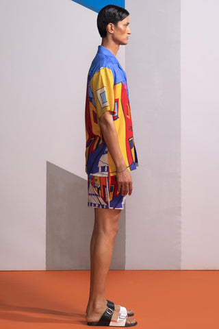 Blue china town postcard polo shirt