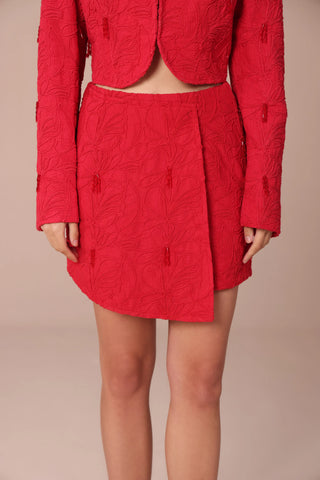 Red floral embroidered cropped co-ord set