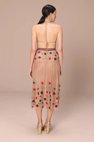 Nude with multicolor embroidery midi skirt