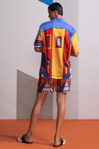 Blue china town postcard polo shirt