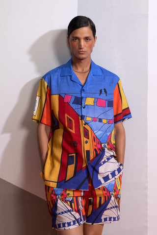 Blue china town postcard polo shirt