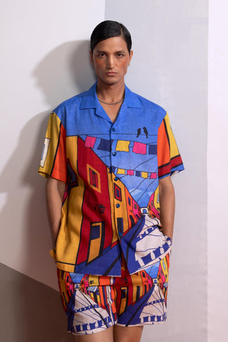 Blue china town postcard polo co-ord set