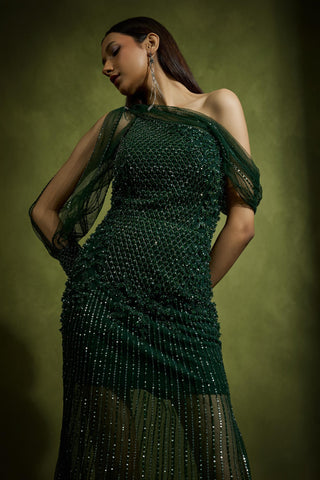 Drape Saree for Wedding Reception – Green Cocktail Gown with Crystals by Babita Malkani