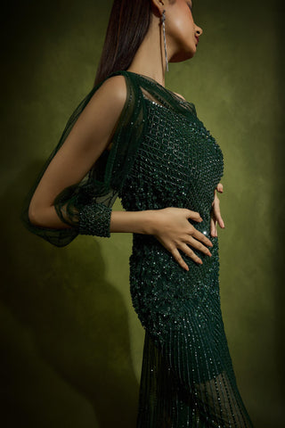 Drape Saree for Wedding Reception – Green Cocktail Gown with Crystals by Babita Malkani