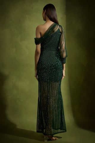 Drape Saree for Wedding Reception – Green Cocktail Gown with Crystals by Babita Malkani