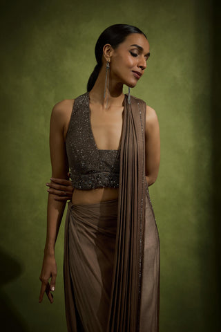 Drape Saree for Wedding Reception – Brown Cocktail Cowl by Babita Malkani