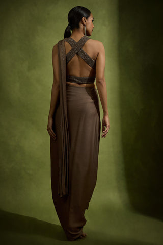 Drape Saree for Wedding Reception – Brown Cocktail Cowl by Babita Malkani